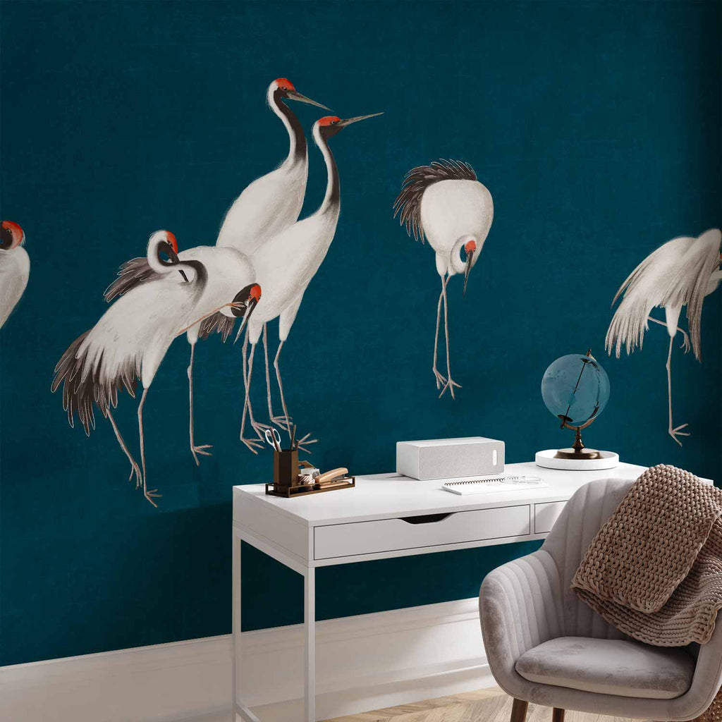 Cranes on Dark Turquoise Oriental Wall Mural