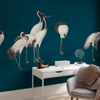 Cranes on Dark Turquoise Oriental Wall Mural