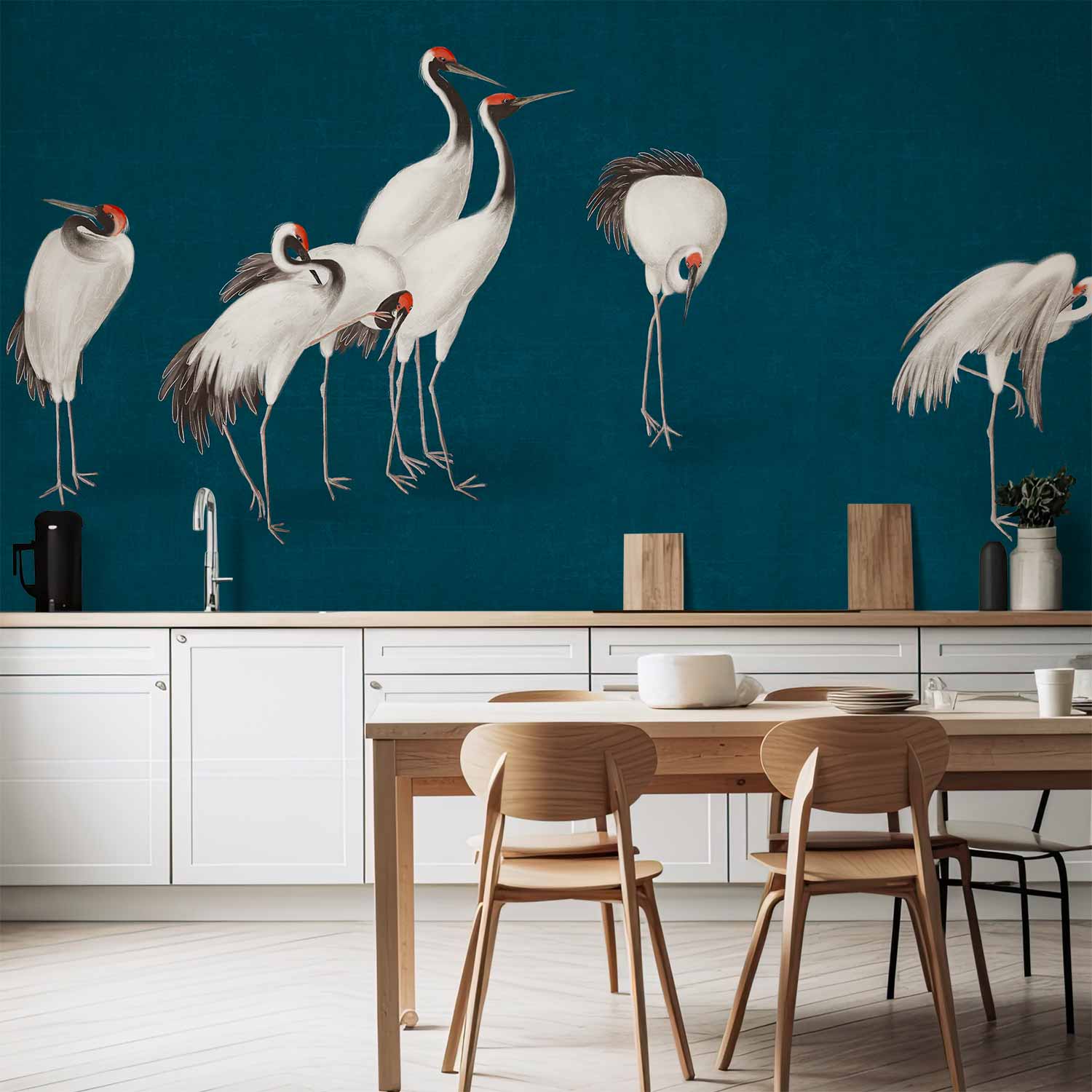 Cranes on Dark Turquoise Oriental Wall Mural