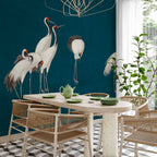 Cranes on Dark Turquoise Oriental Wall Mural