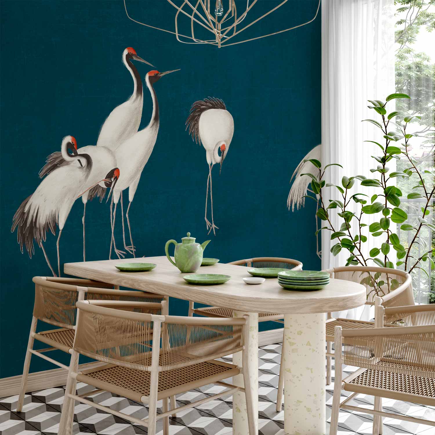 Cranes on Dark Turquoise Oriental Wall Mural