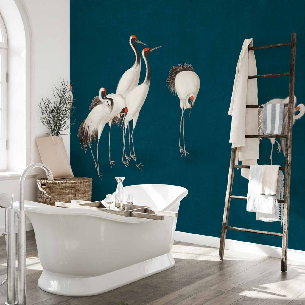 Cranes on Dark Turquoise Oriental Wall Mural