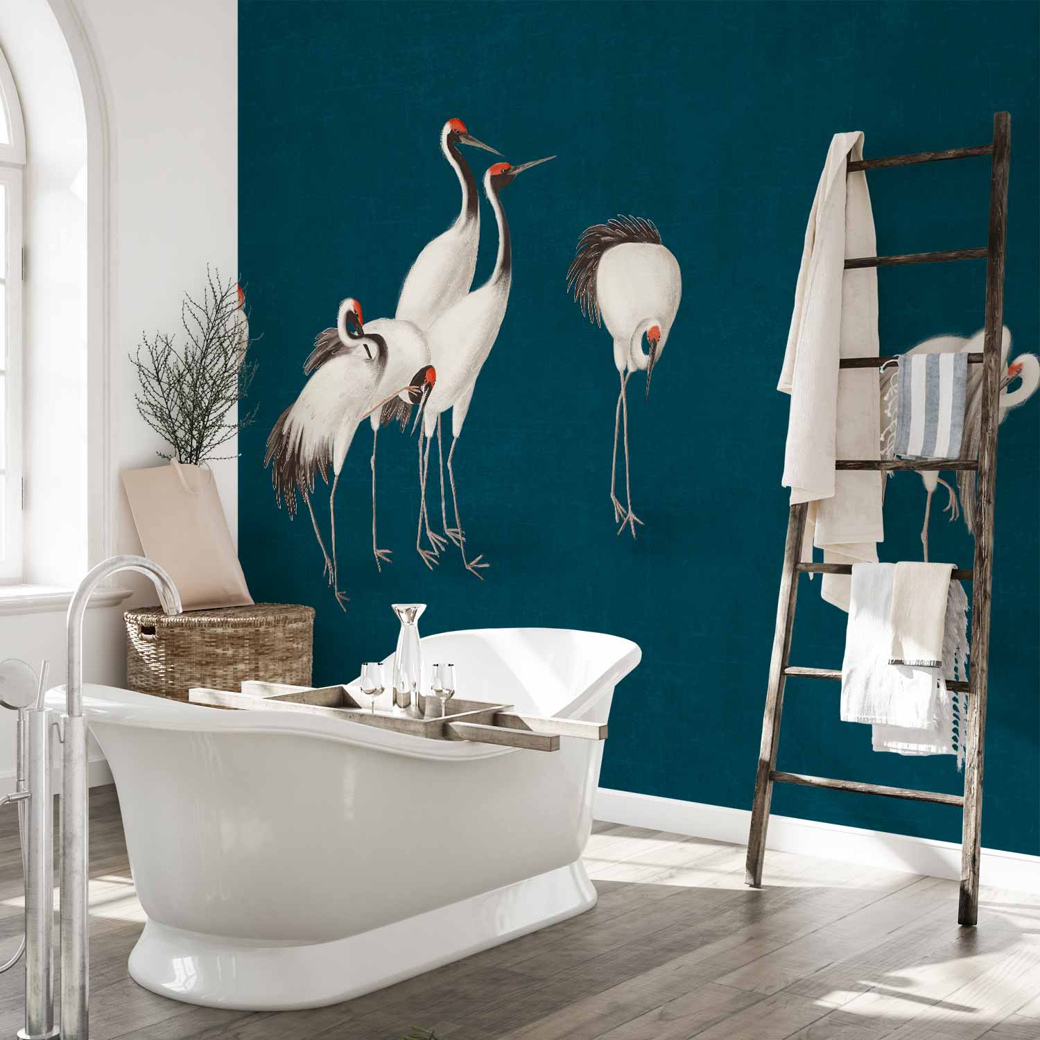 Cranes on Dark Turquoise Oriental Wall Mural