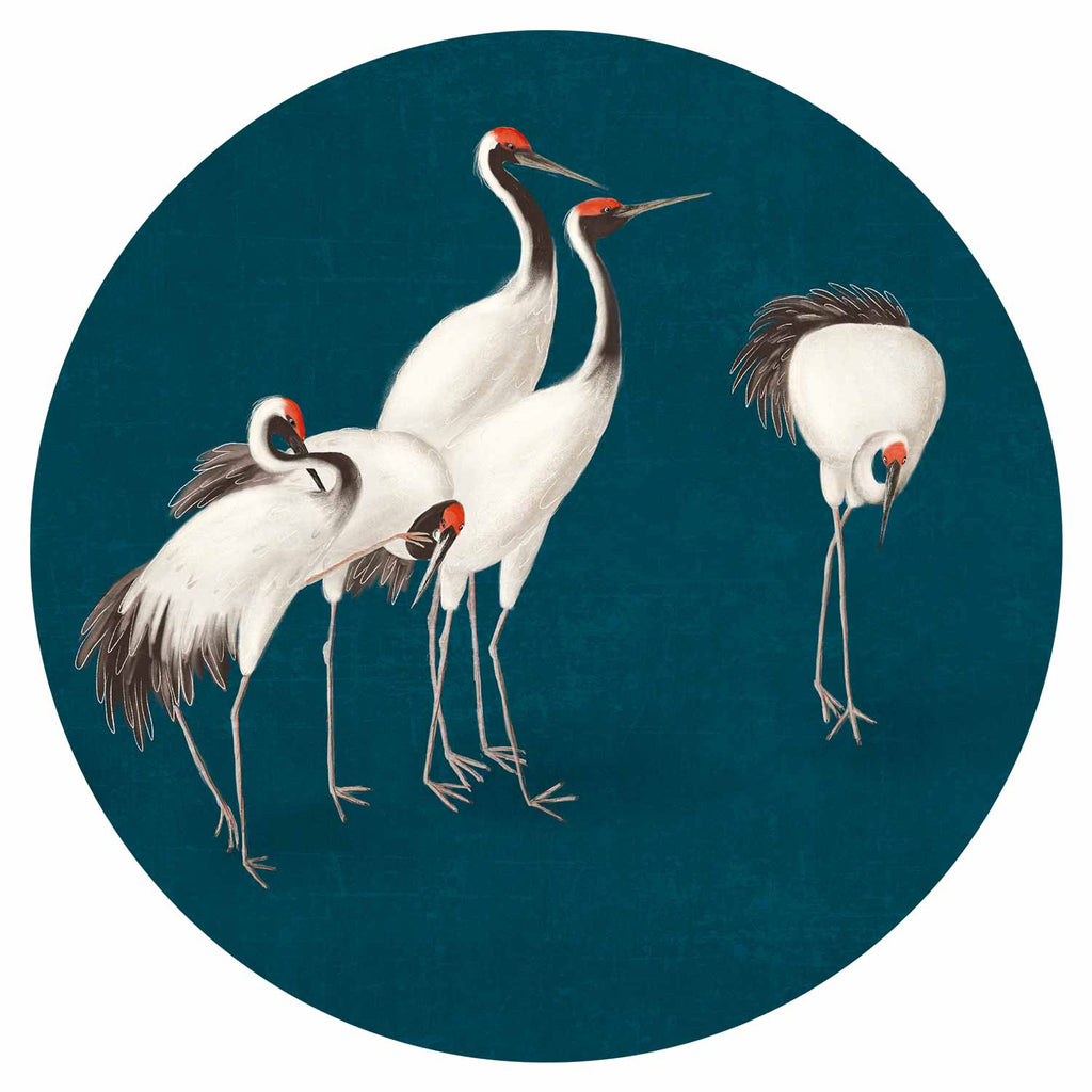 Cranes by the Pond Dark Turquoise Round Wall Mural