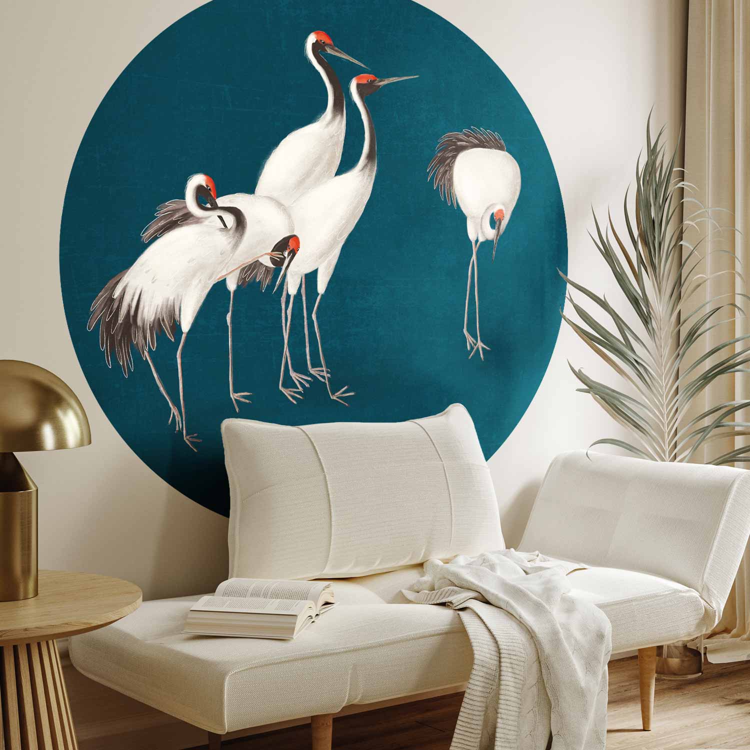 Cranes by the Pond Dark Turquoise Round Wall Mural