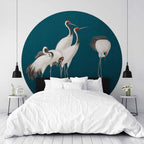 Cranes by the Pond Dark Turquoise Round Wall Mural