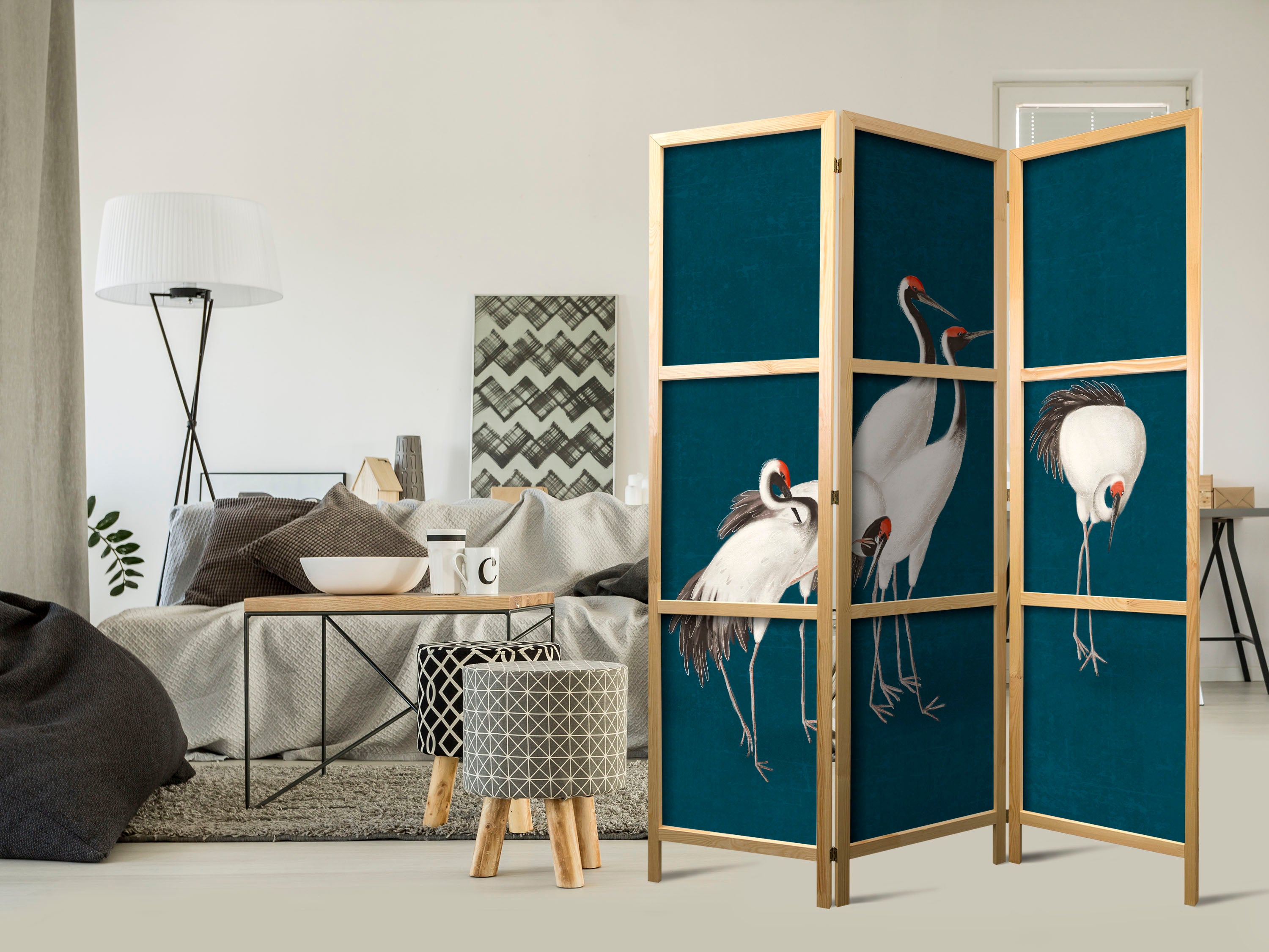 Pastel Cranes Dark Turquoise 3-Panel Japanese Room Divider