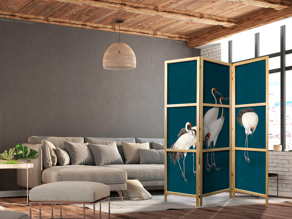 Pastel Cranes Dark Turquoise 3-Panel Japanese Room Divider