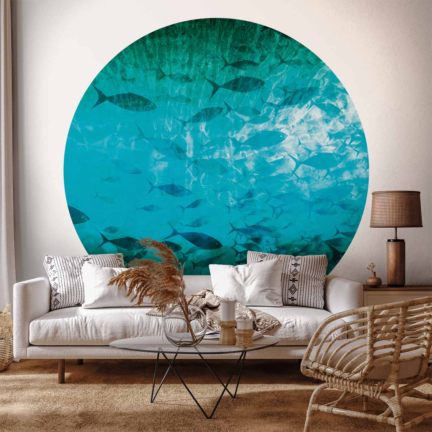 Dark Fish Shoal Japanese Round Wall Mural