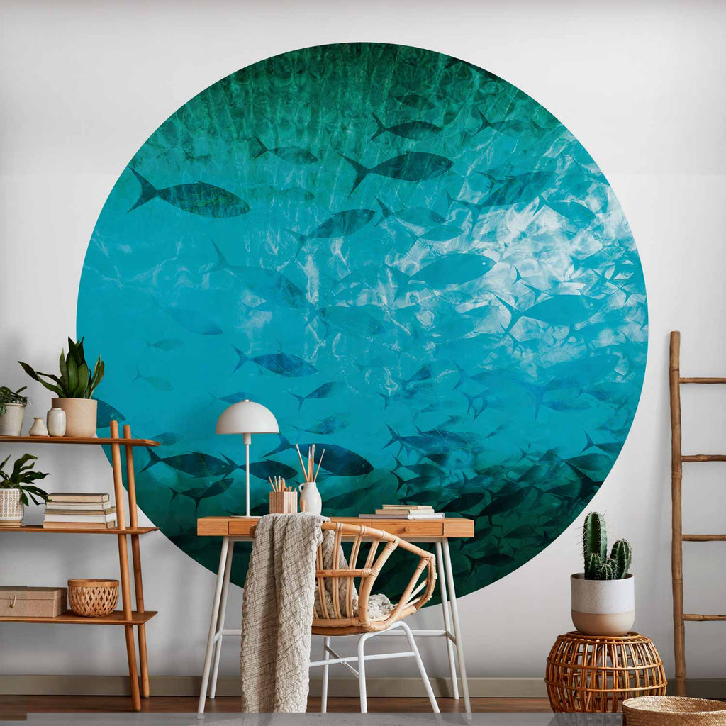 Dark Fish Shoal Japanese Round Wall Mural