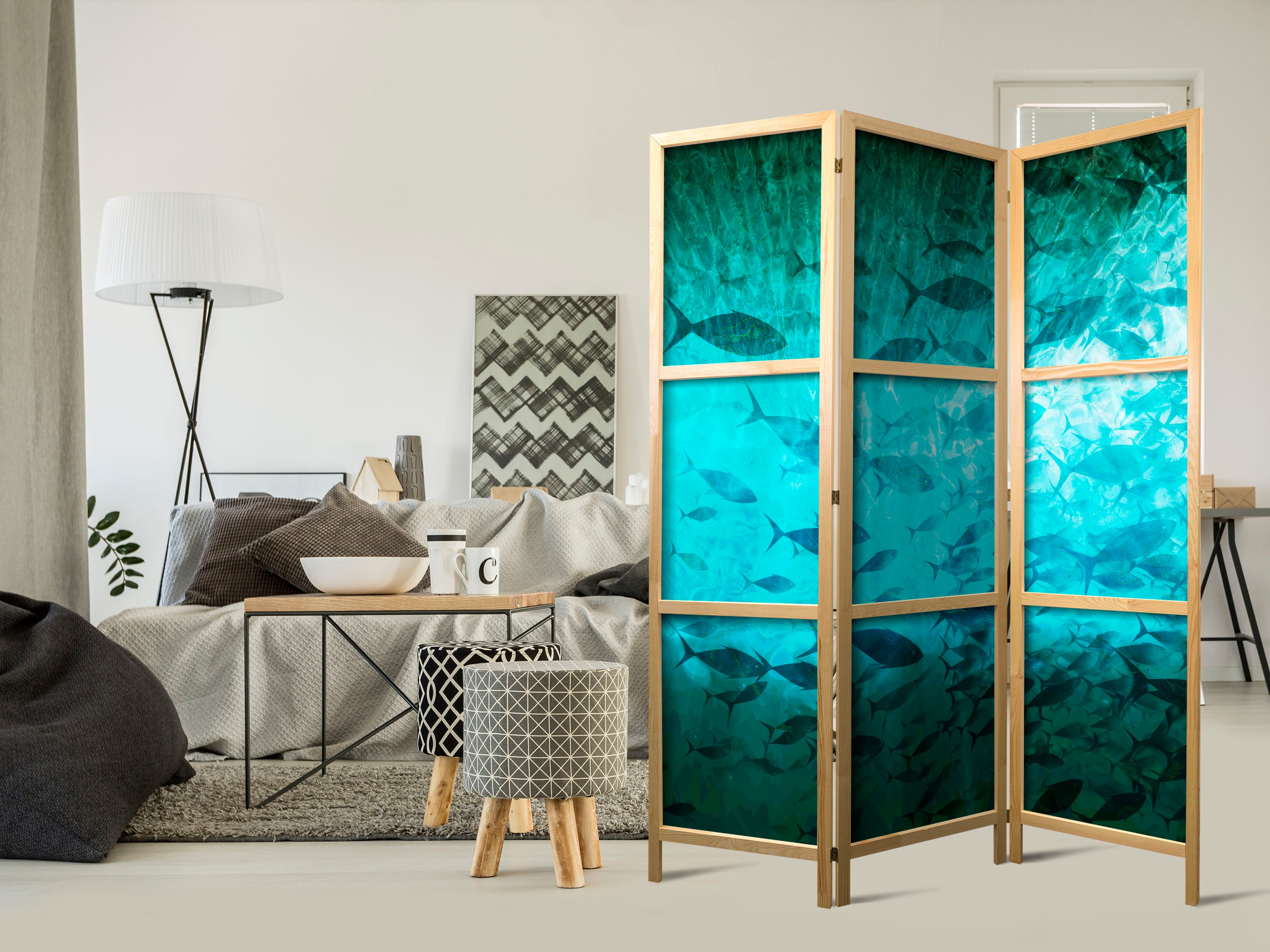 Japanese Room Divider 5-Panel with Underwater Fish Theme