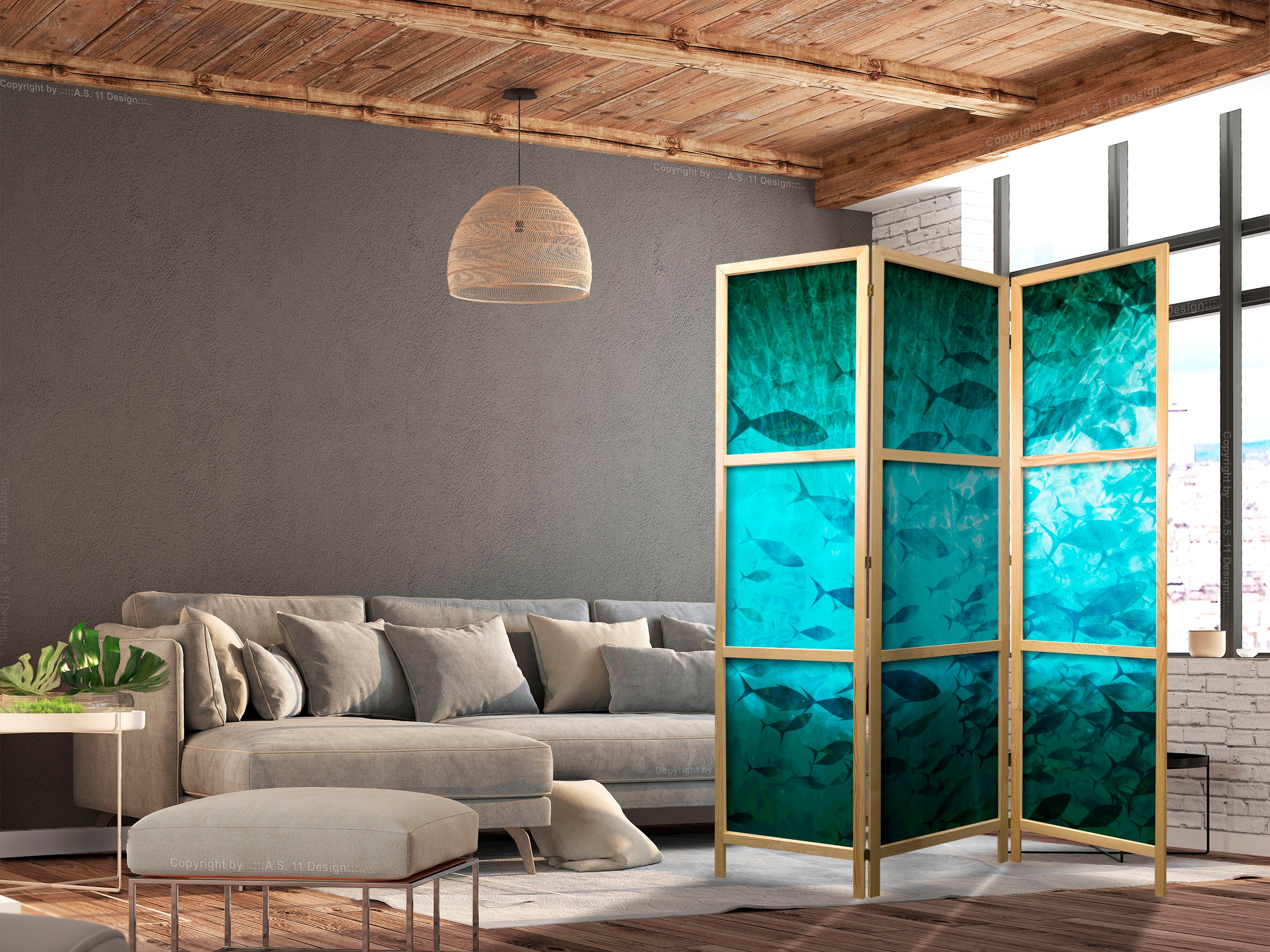 Japanese Room Divider 5-Panel with Underwater Fish Theme