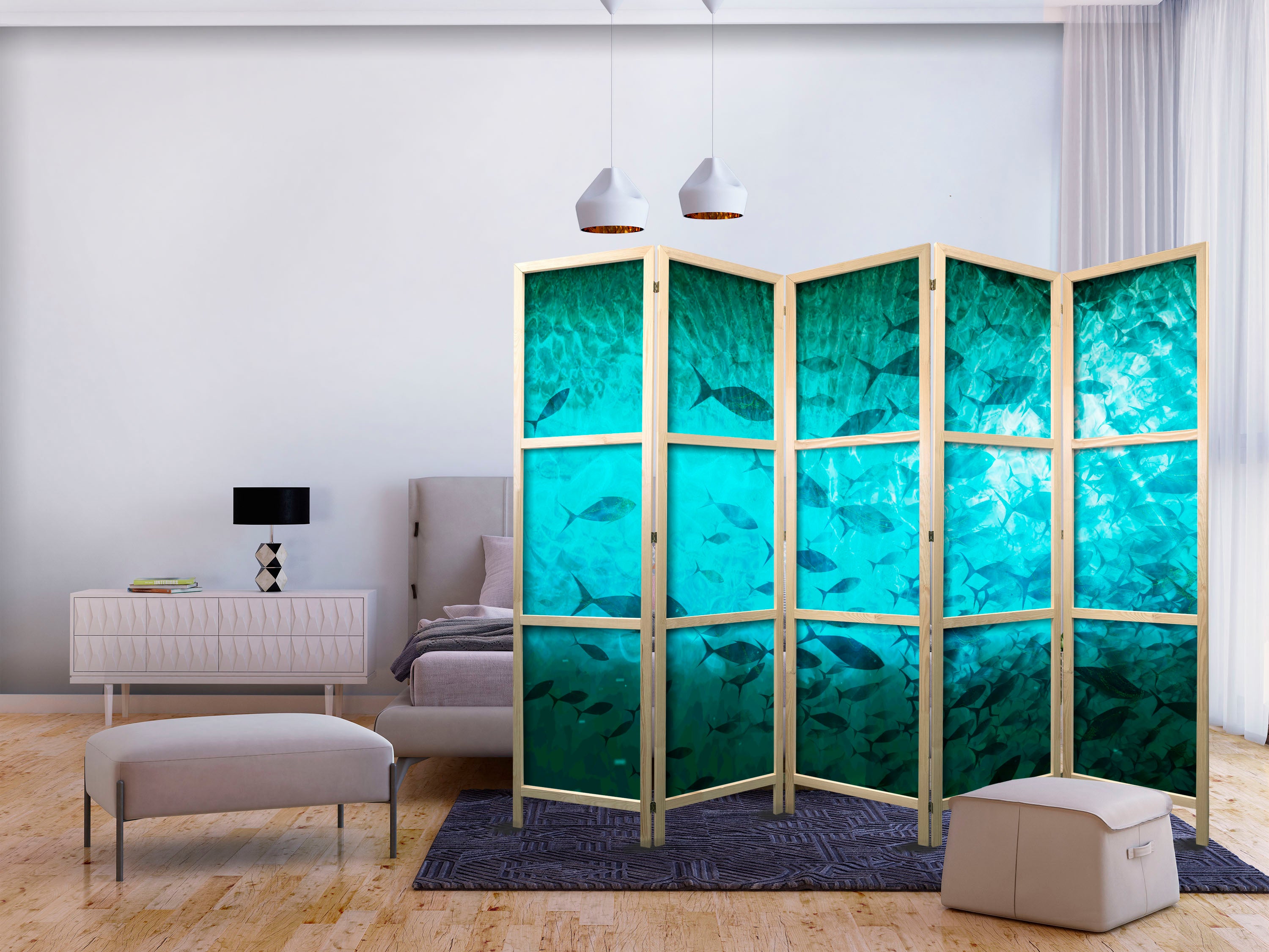Japanese Room Divider - Underwater Paradise with Fish in Turquoise-Blue Depth