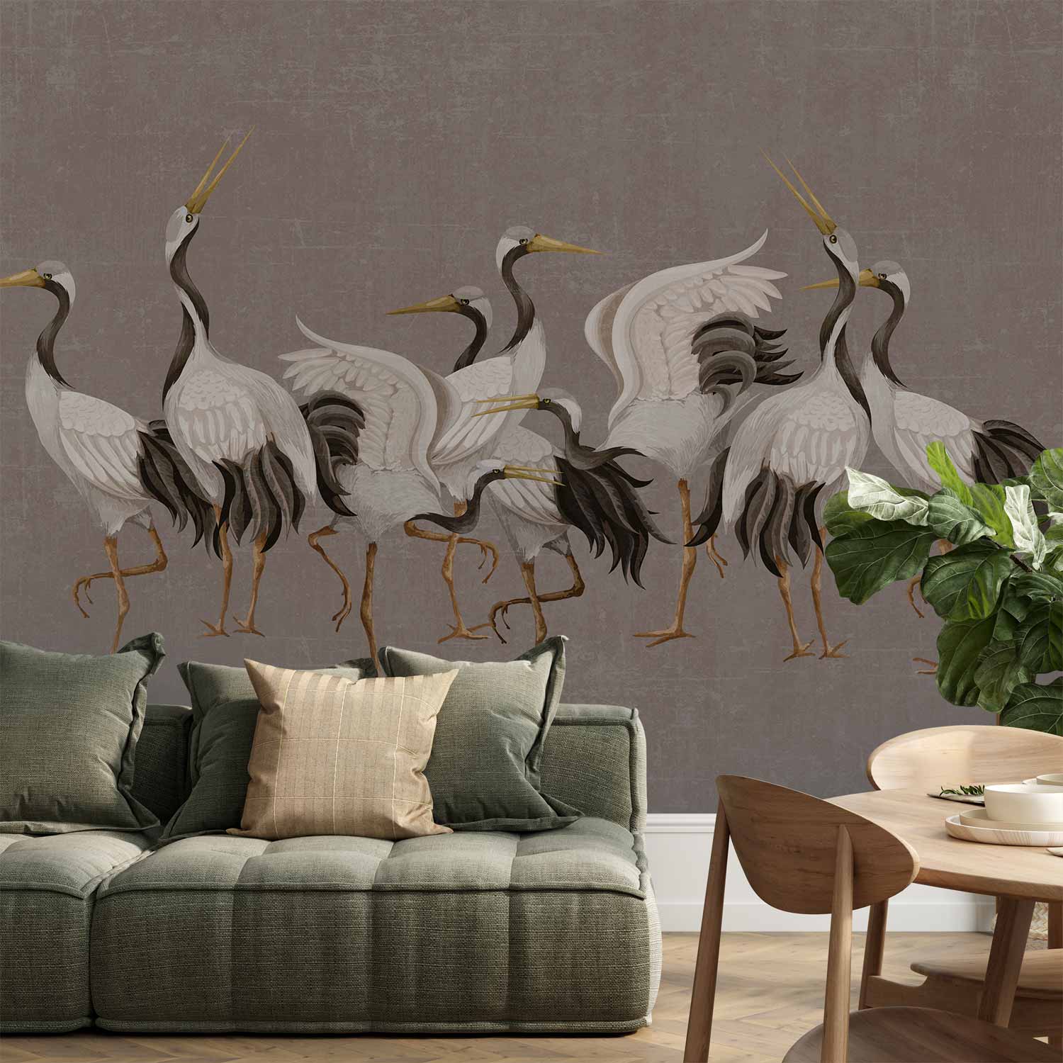 Crane Dance Silhouette Grey Wall Mural