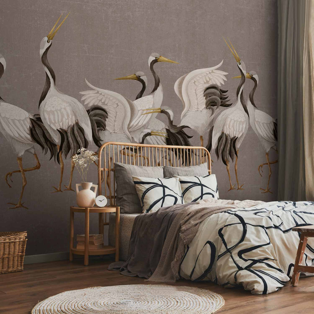 Crane Dance Silhouette Grey Wall Mural