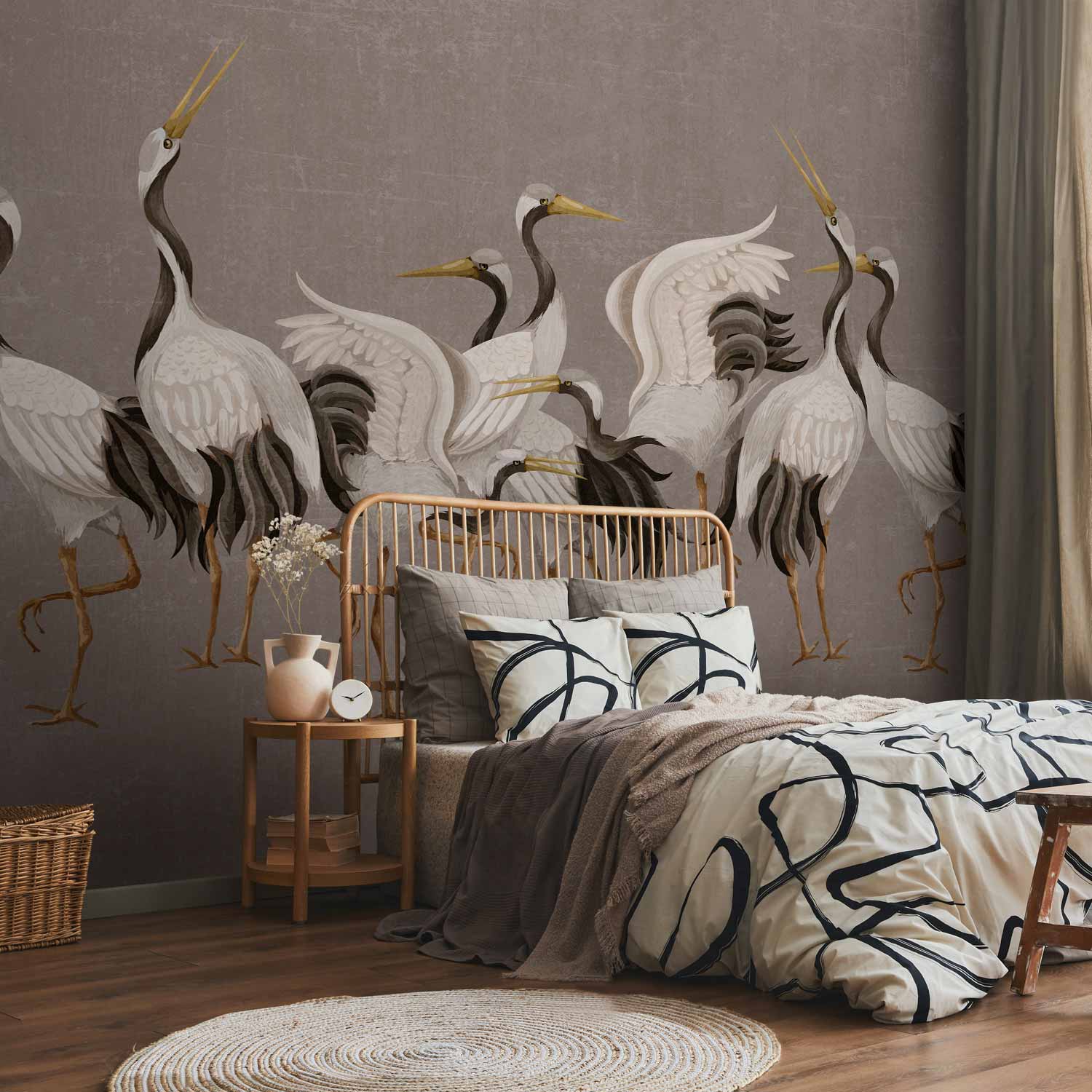 Crane Dance Silhouette Grey Wall Mural