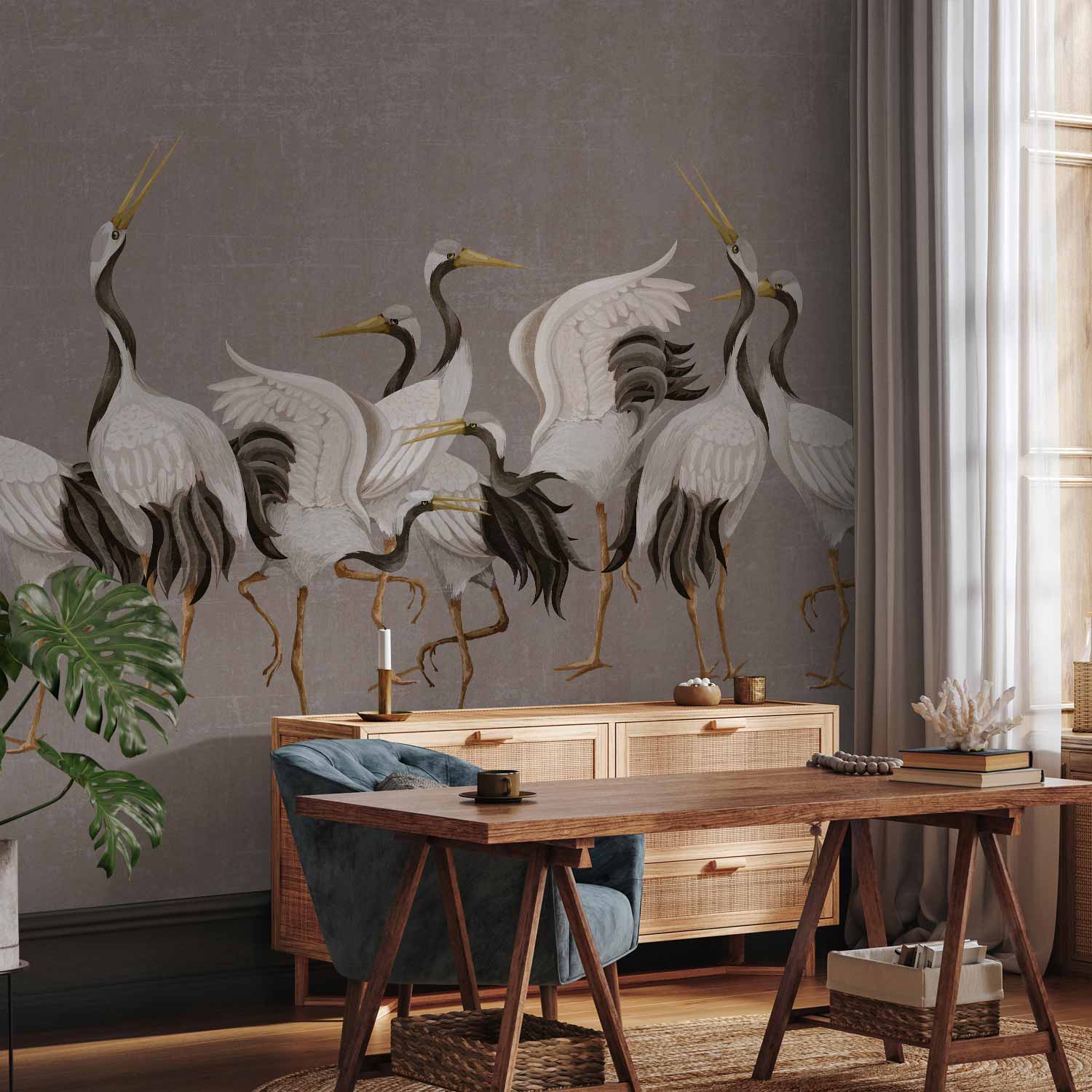 Crane Dance Silhouette Grey Wall Mural