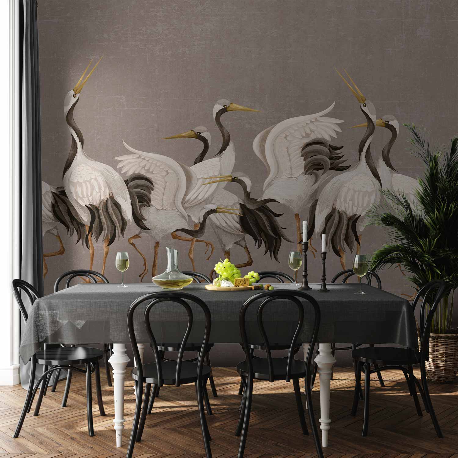 Crane Dance Silhouette Grey Wall Mural