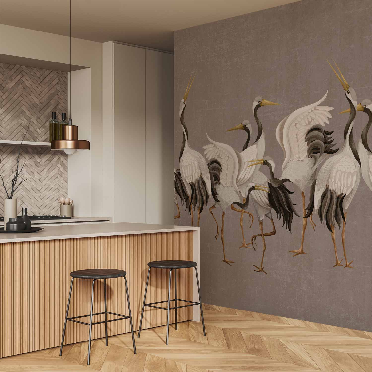 Crane Dance Silhouette Grey Wall Mural