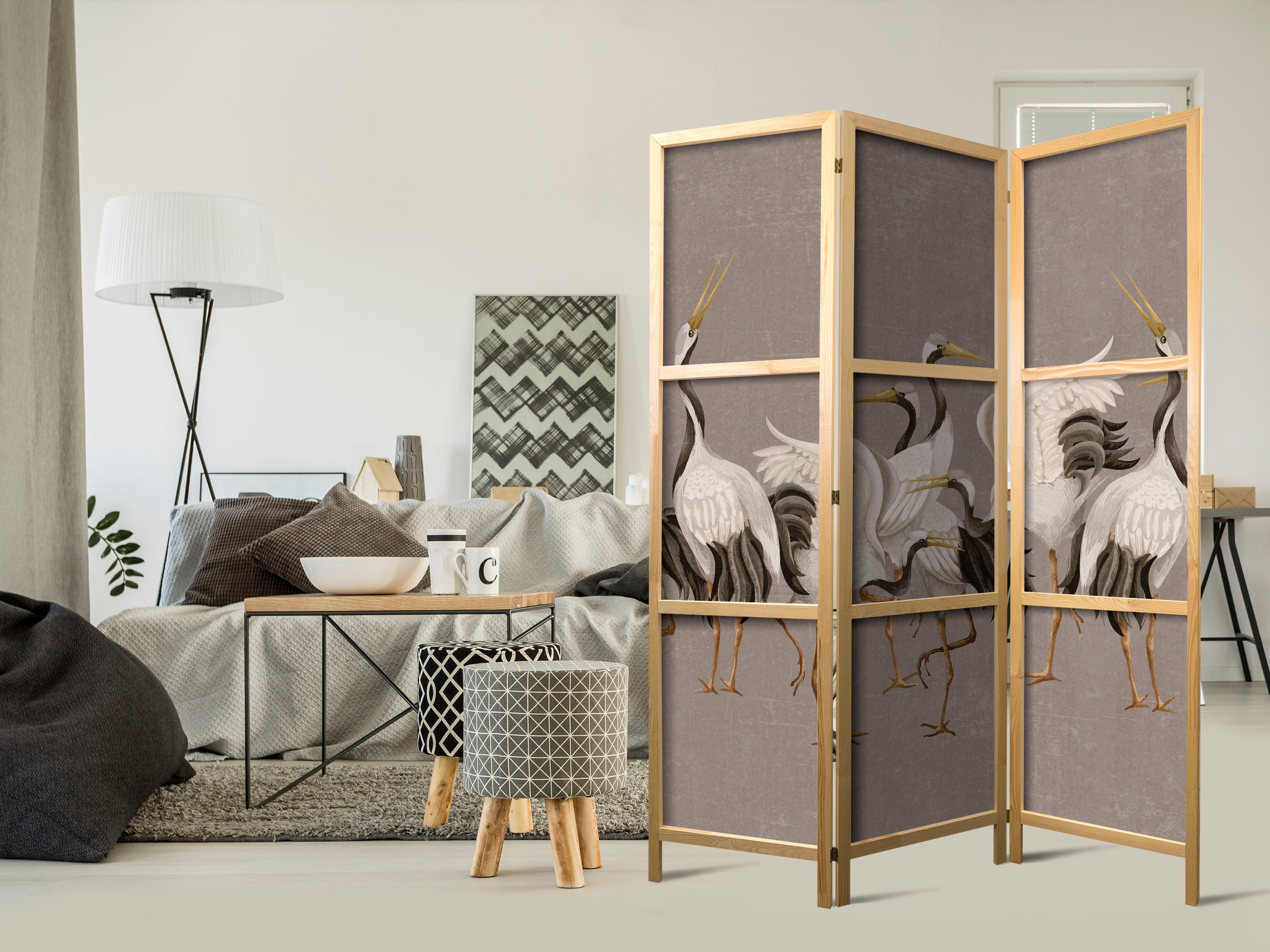 Crane Dance Grey 3-Panel Japanese Room Divider