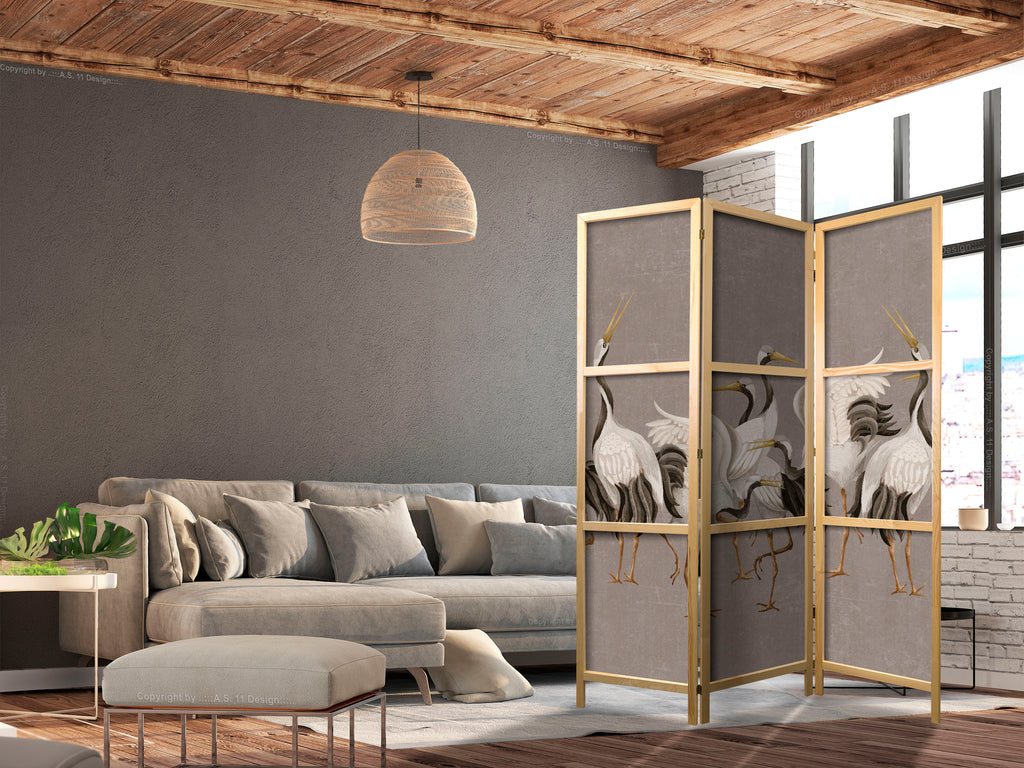 Crane Dance Grey 3-Panel Japanese Room Divider