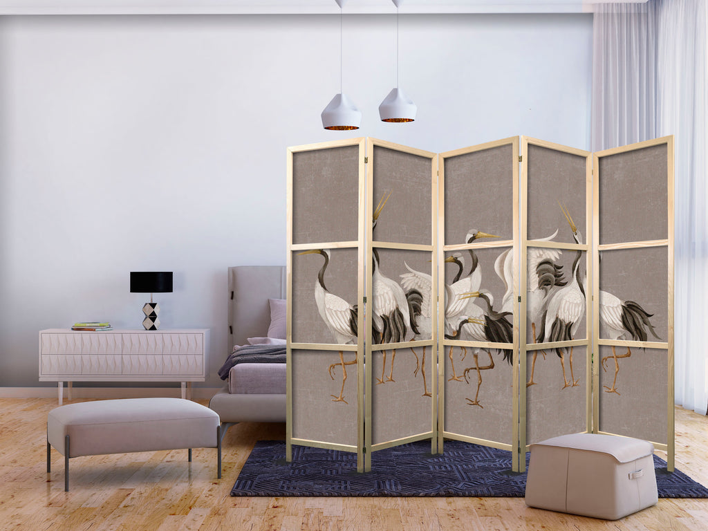 Crane Dance Warm Grey 5-Panel Japanese Room Divider