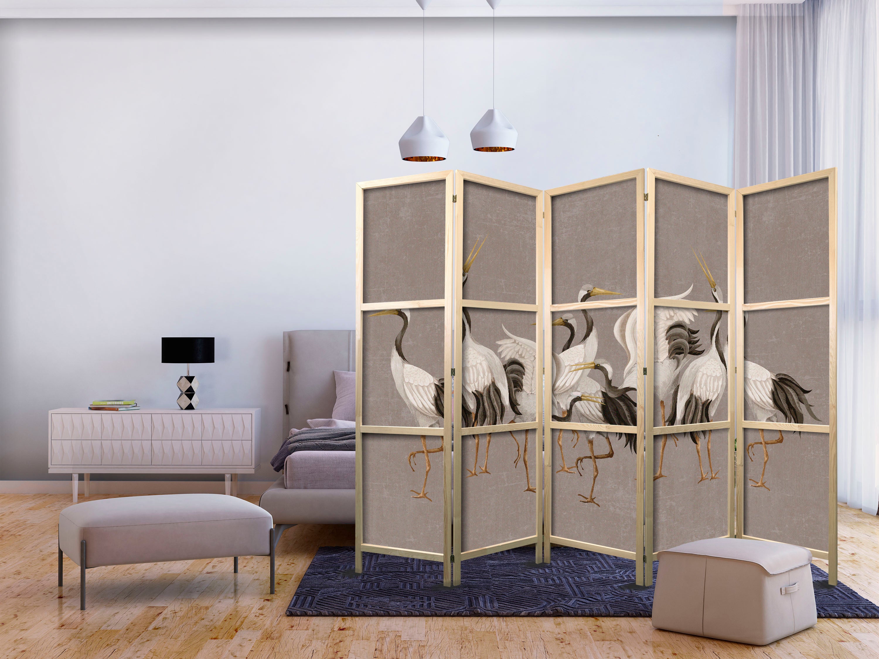 Crane Dance Warm Grey 5-Panel Japanese Room Divider