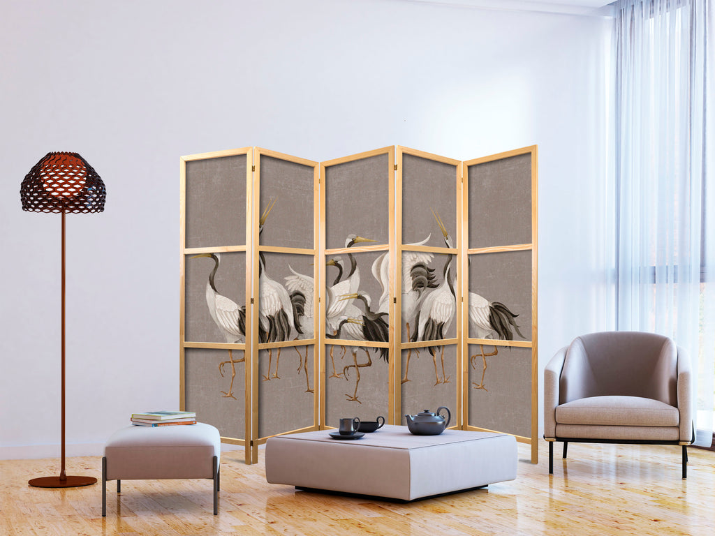 Crane Dance Warm Grey 5-Panel Japanese Room Divider