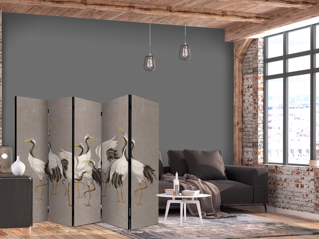 Cranes Silhouette Warm Grey 5-Panel Japanese Room Divider