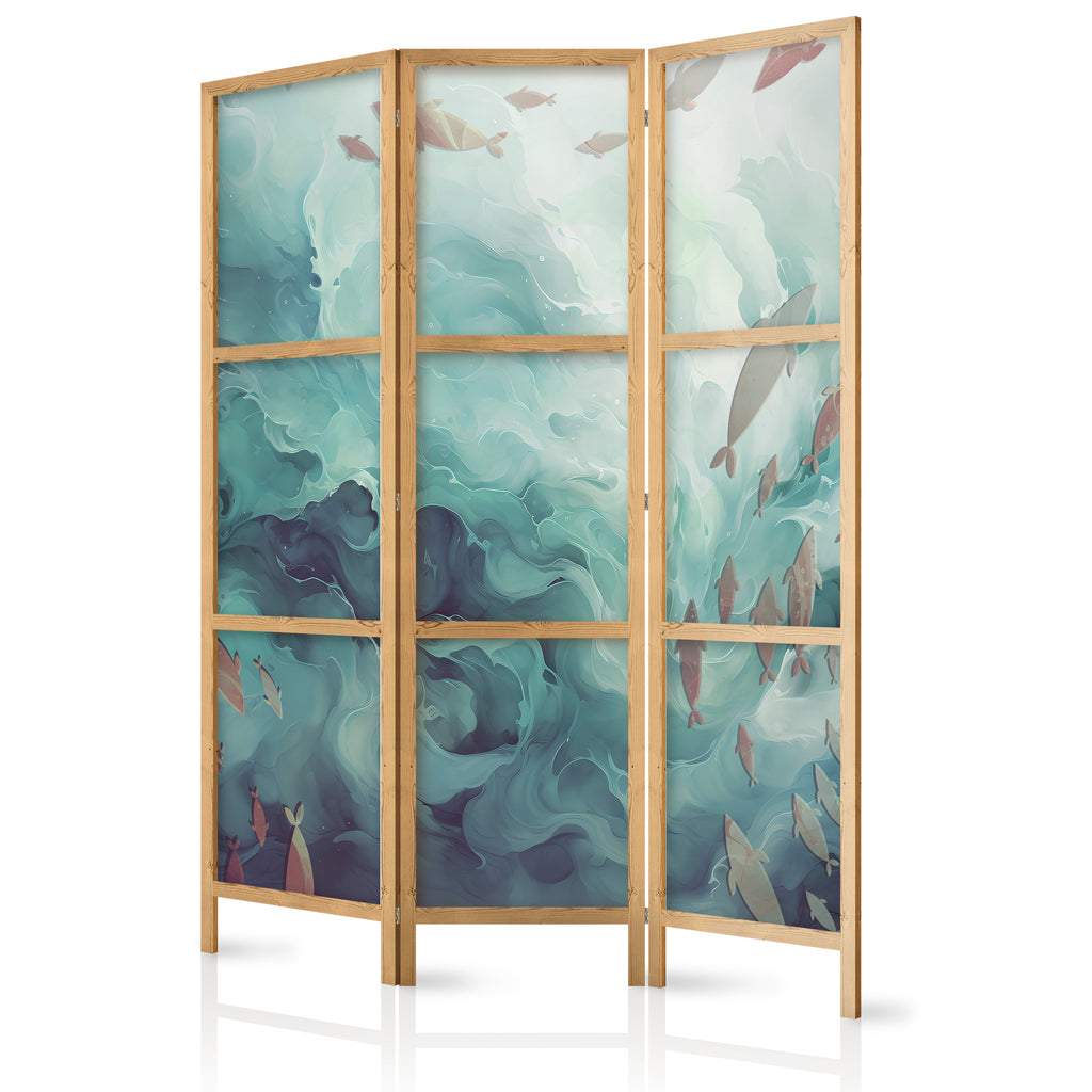 Japanese Room Divider with Fish Motif in Muted Colors, 3-Panel