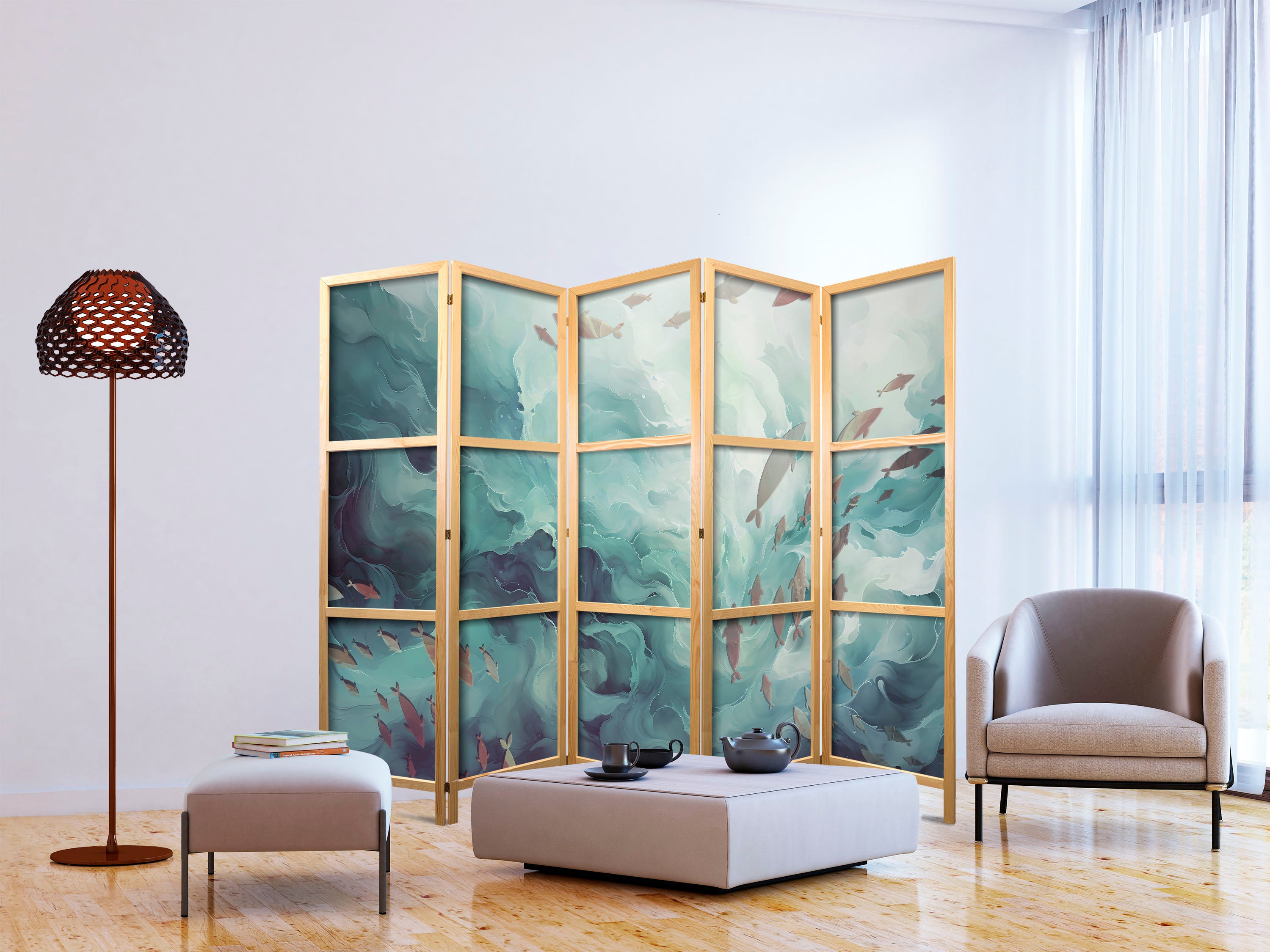 Japanese Room Divider - Fish Motif in Muted Ocean Colors - 5-Panel Screen
