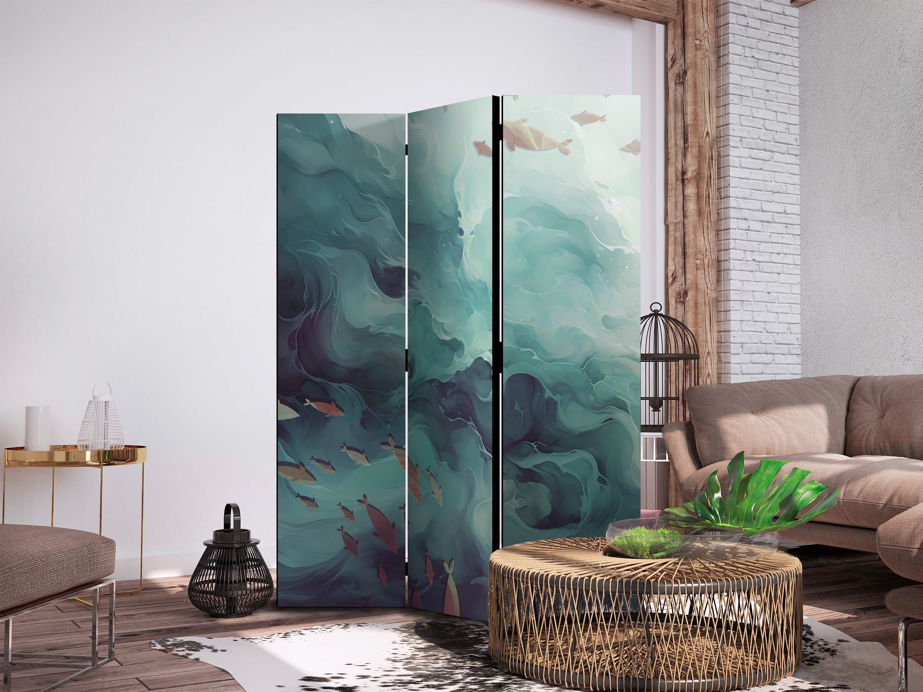 Room Divider - Three Schools of Fish in Muted Colors