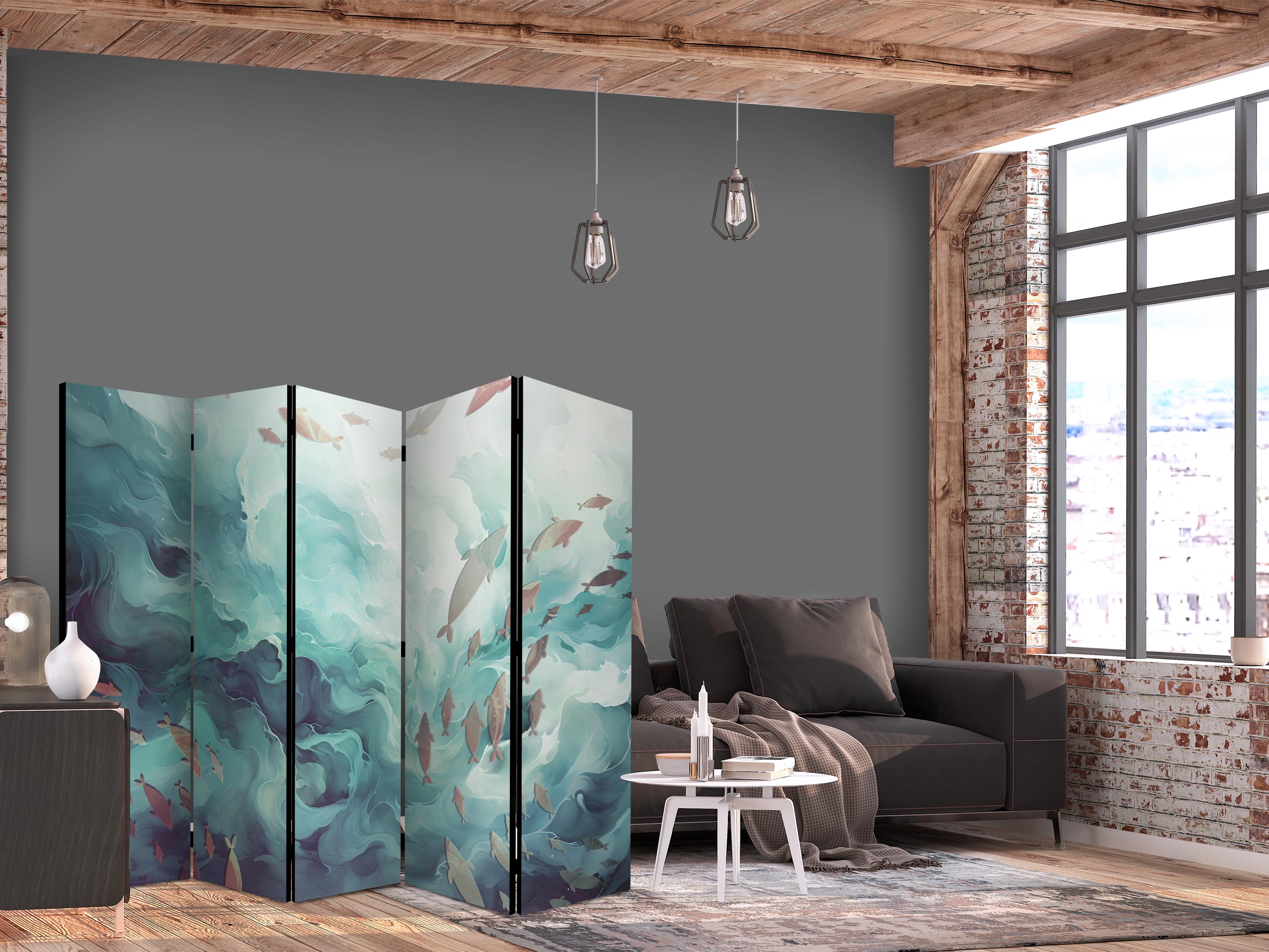 Room Divider - Three Schools of Fish in Muted Colors (5-Panel, Animals)