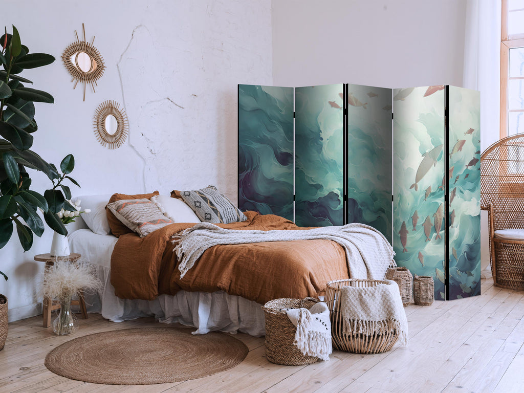Room Divider - Three Schools of Fish in Muted Colors (5-Panel, Animals)