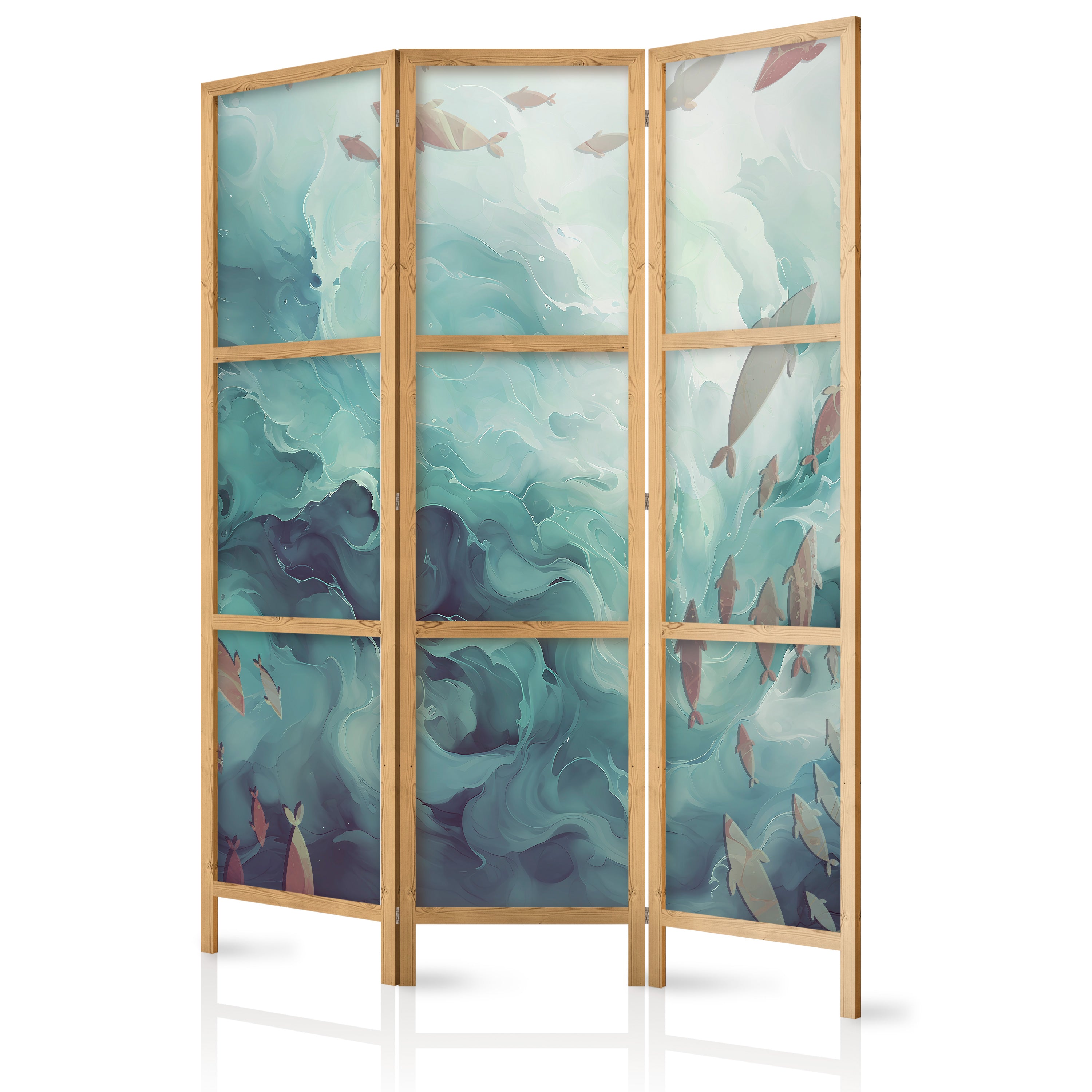 Japanese Room Divider with Escaping Fish in Muted Ocean Colors