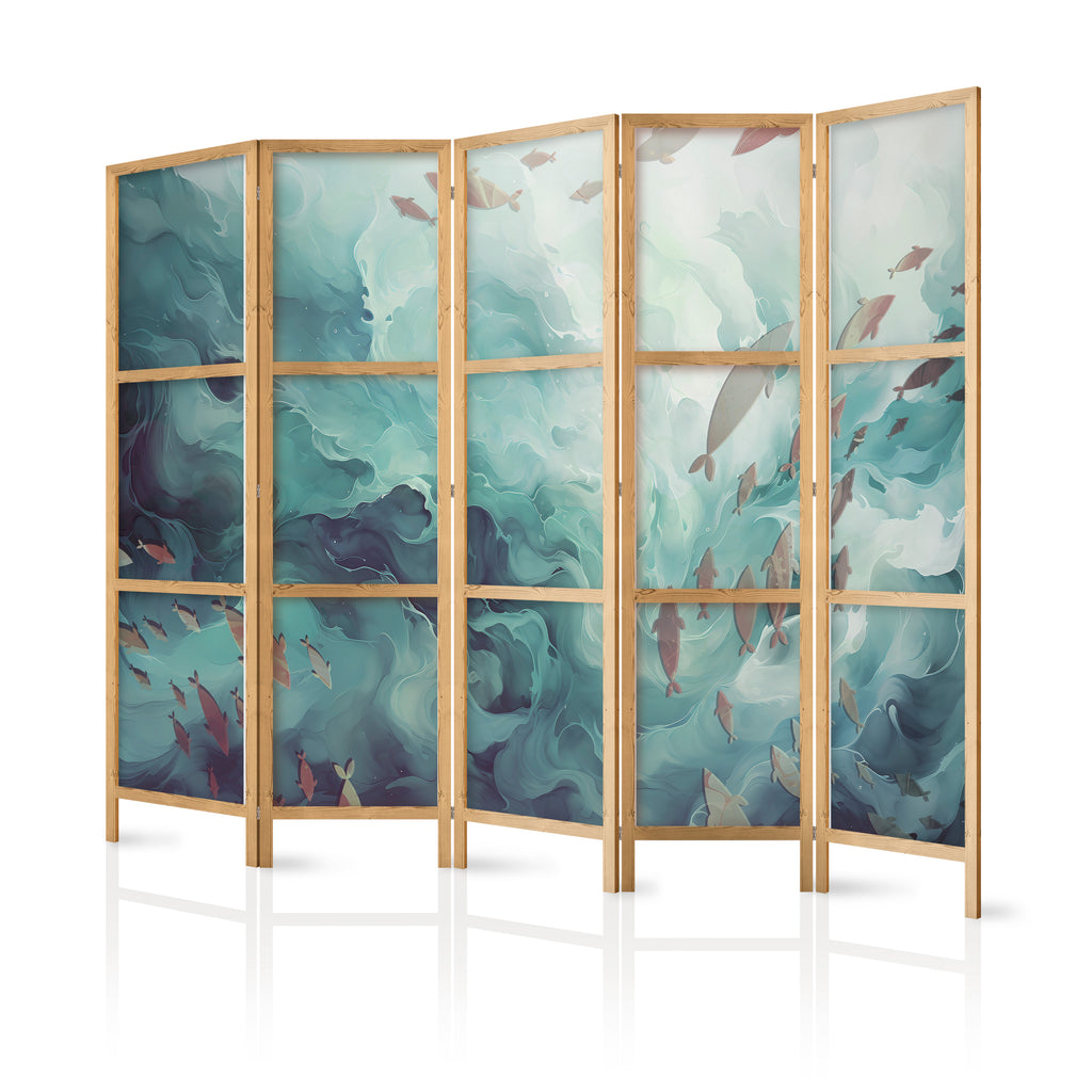 Japanese Room Divider with Escaping Fish - Muted Ocean Colors