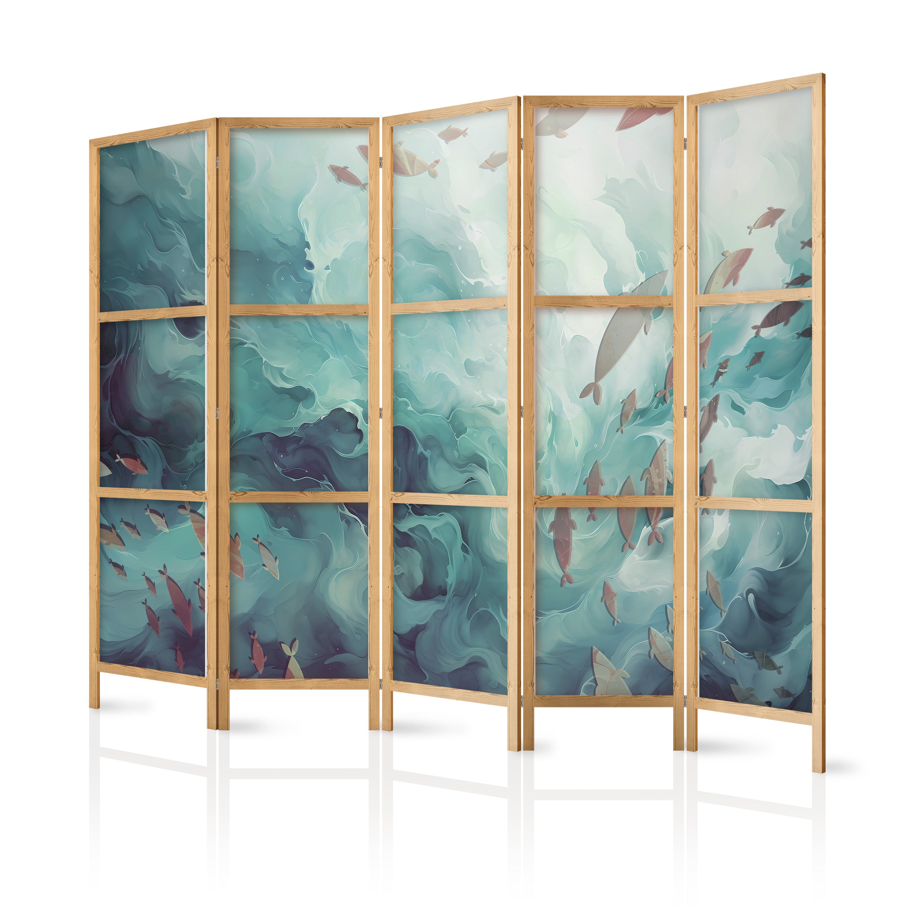 Japanese Room Divider with Escaping Fish - Muted Ocean Colors