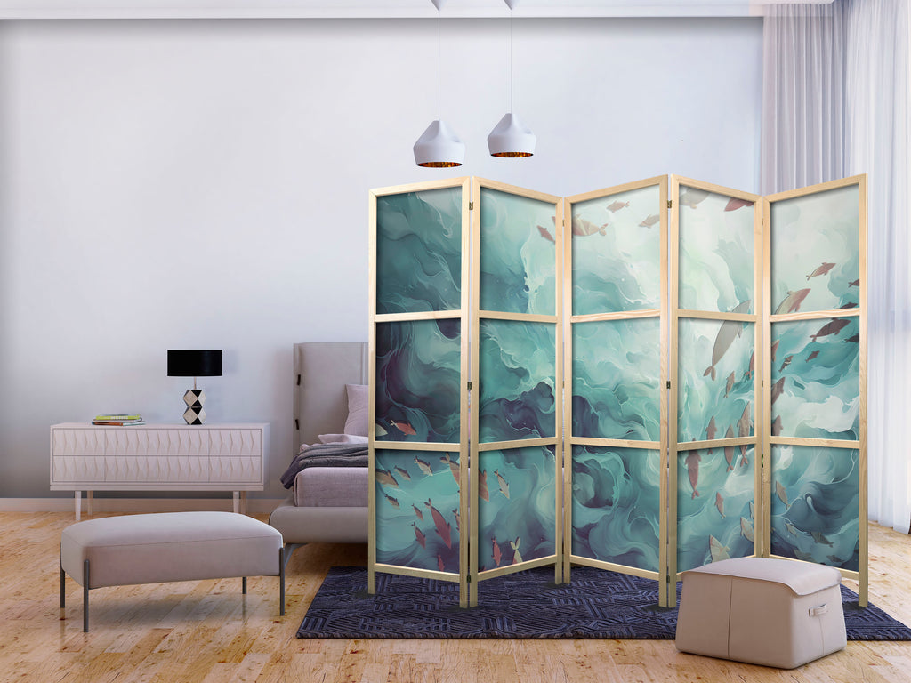 Japanese Room Divider with Escaping Fish - Muted Ocean Colors