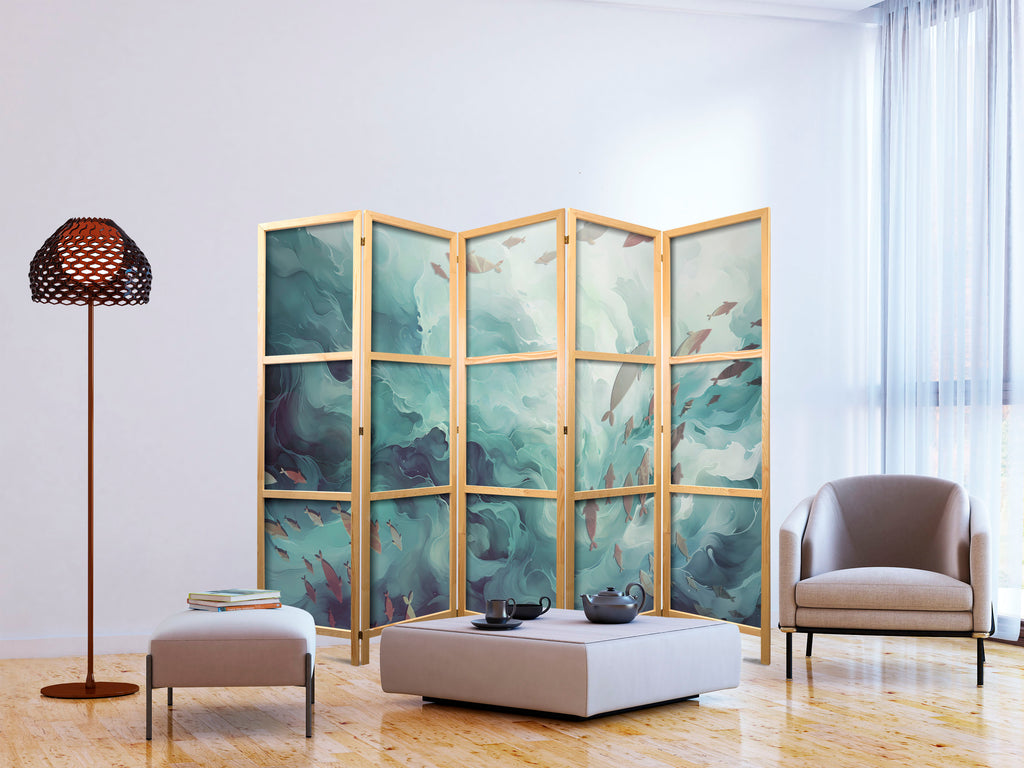 Japanese Room Divider with Escaping Fish - Muted Ocean Colors