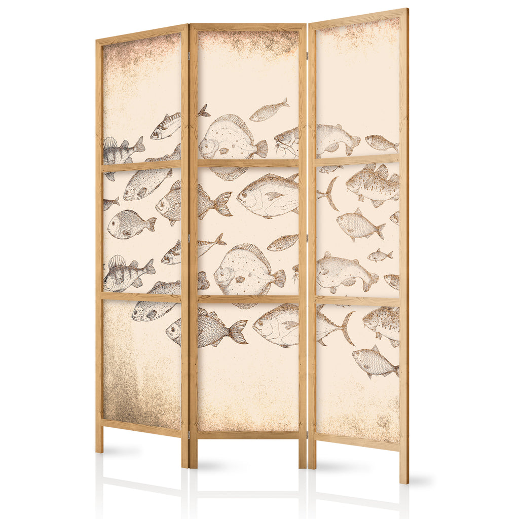 Japanese Room Divider - Fish School Sketch - Vintage Beige