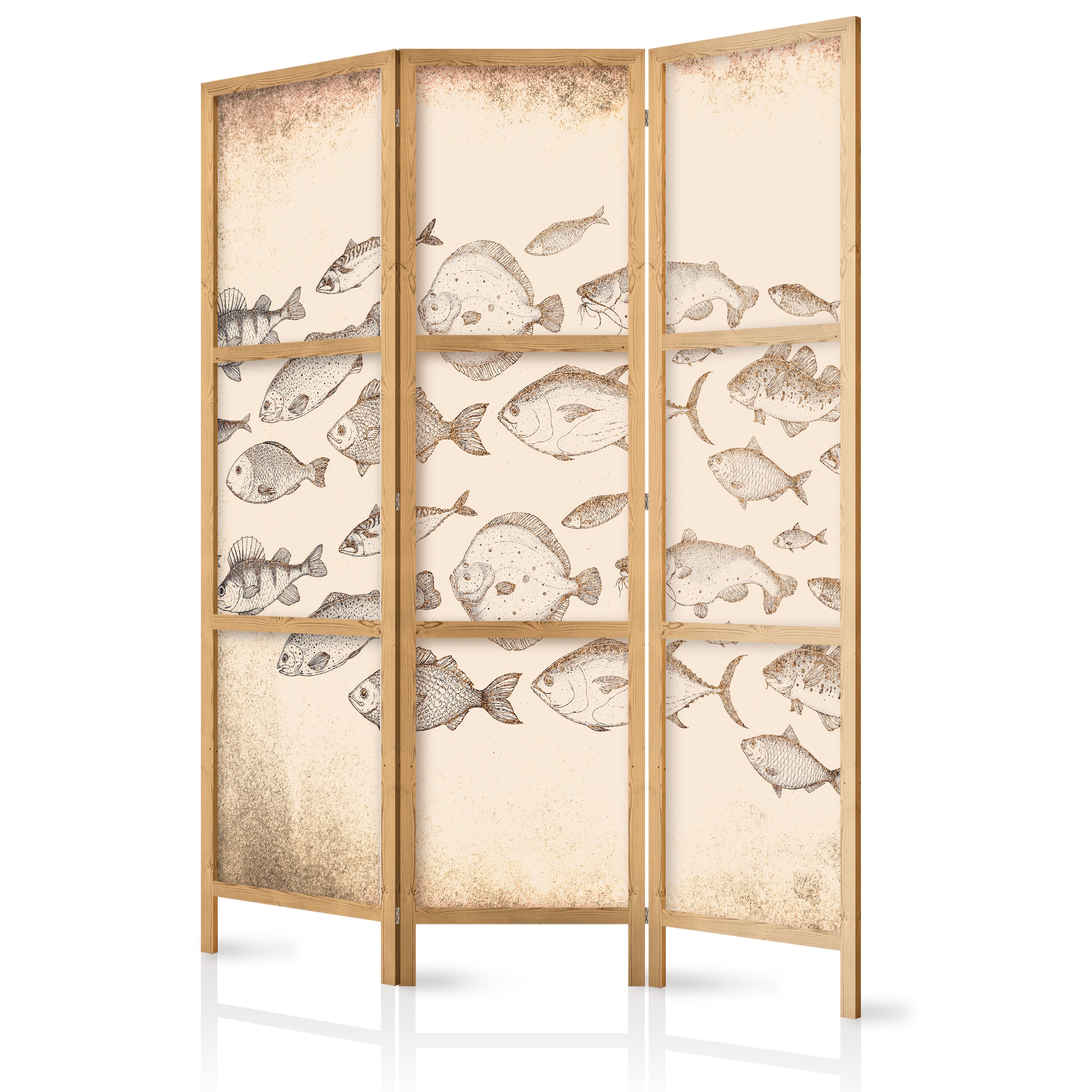 Japanese Room Divider - Fish School Sketch - Vintage Beige