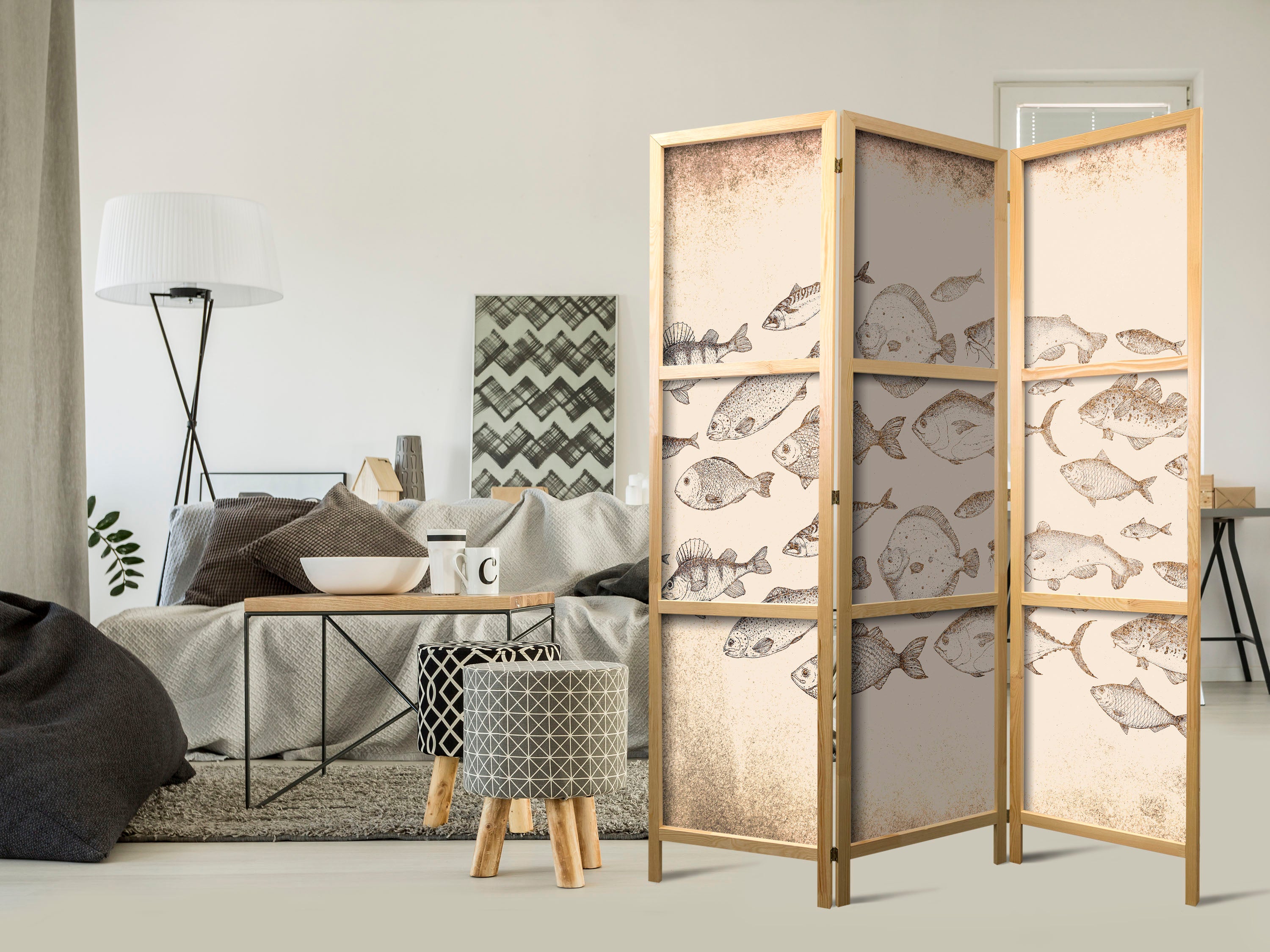 Japanese Room Divider - Fish School Sketch - Vintage Beige