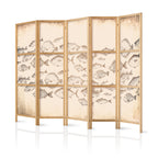 Japanese Room Divider 5-Panel Fish Sketch Vintage Style