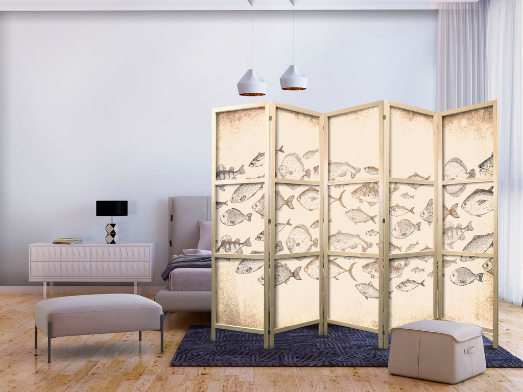 Japanese Room Divider 5-Panel Fish Sketch Vintage Style