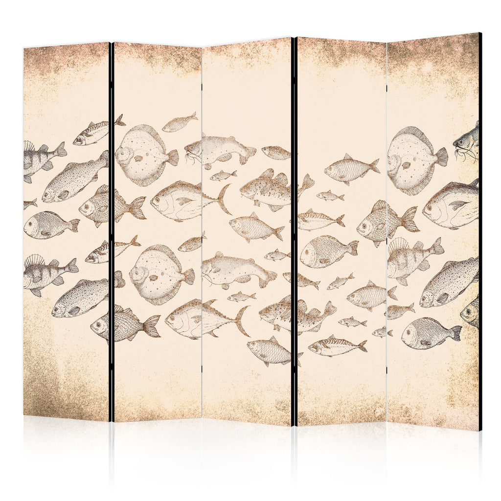 Room Divider 5-Panel Fish Sketch - Vintage Beige