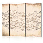 Room Divider 5-Panel Fish Sketch - Vintage Beige