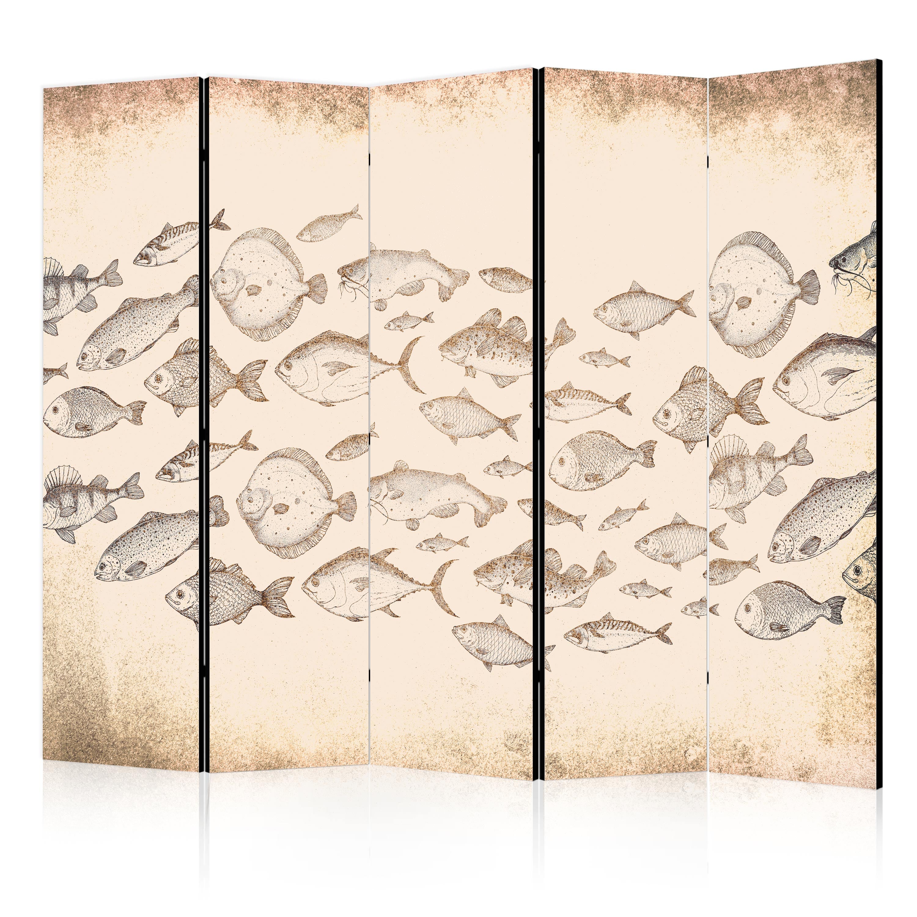 Room Divider 5-Panel Fish Sketch - Vintage Beige