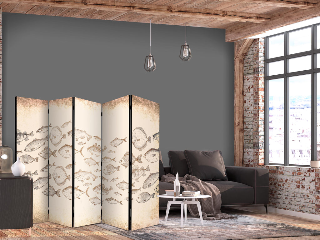 Room Divider 5-Panel Fish Sketch - Vintage Beige