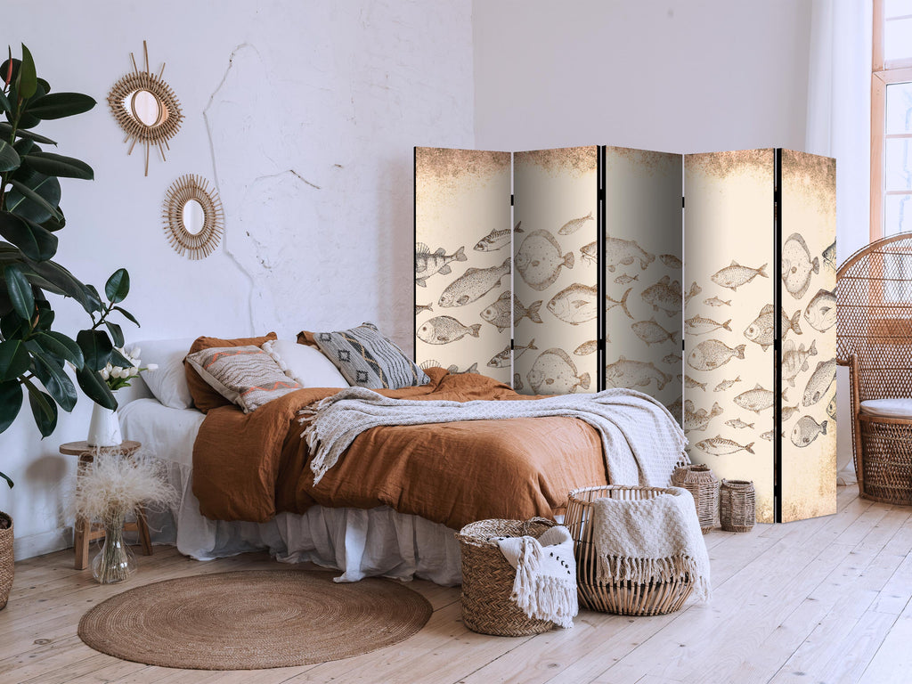 Room Divider 5-Panel Fish Sketch - Vintage Beige