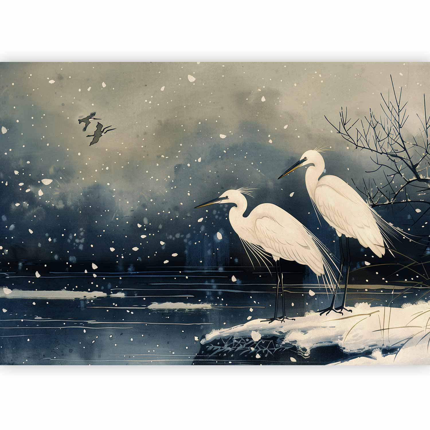 Japanese Herons Winter Pond Dark Wall Mural